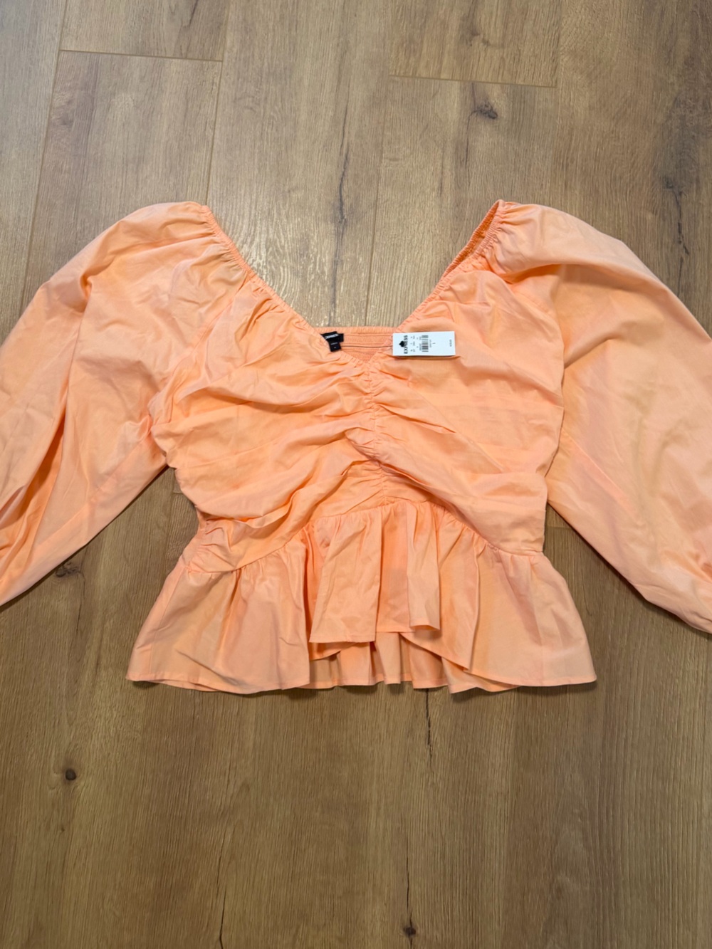 Express Peach Ruched Peplum Puff Sleeve Top